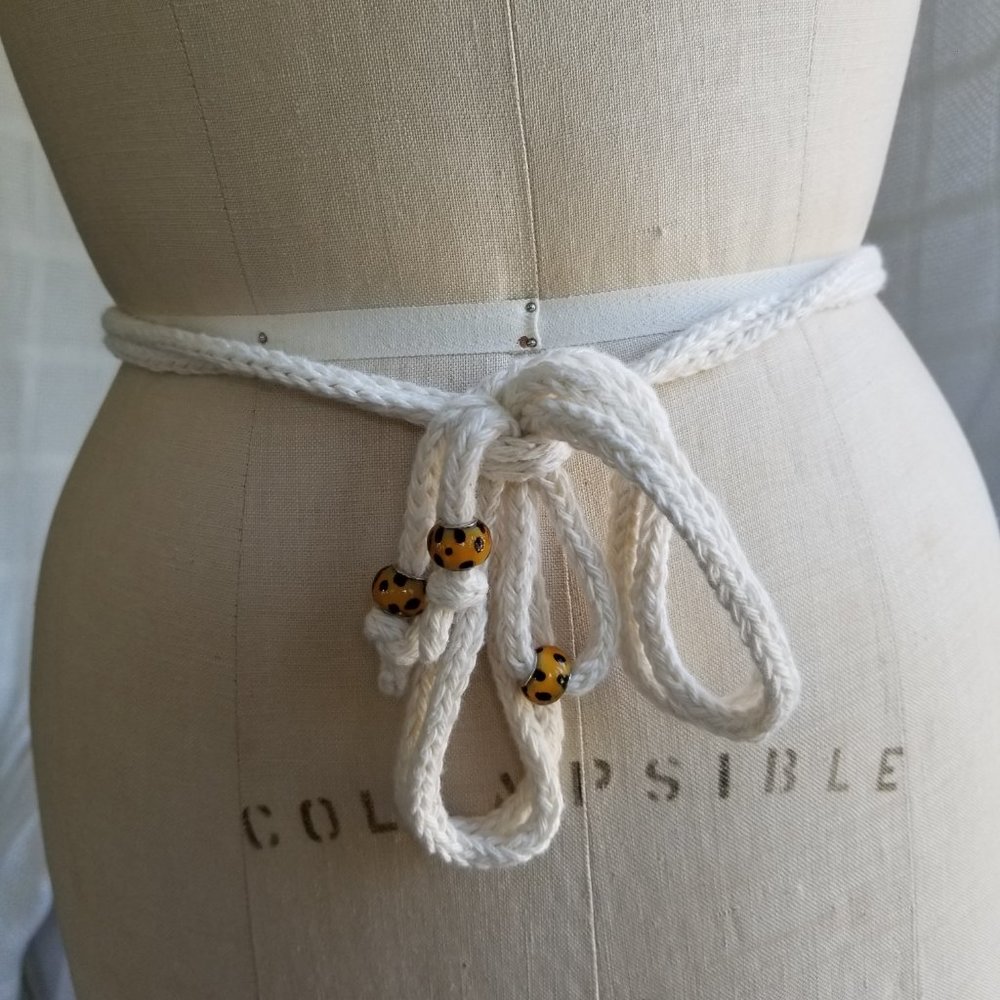 Crochet BEIGE Ivory CORD BELT w/ Leopard Beads Handmade
